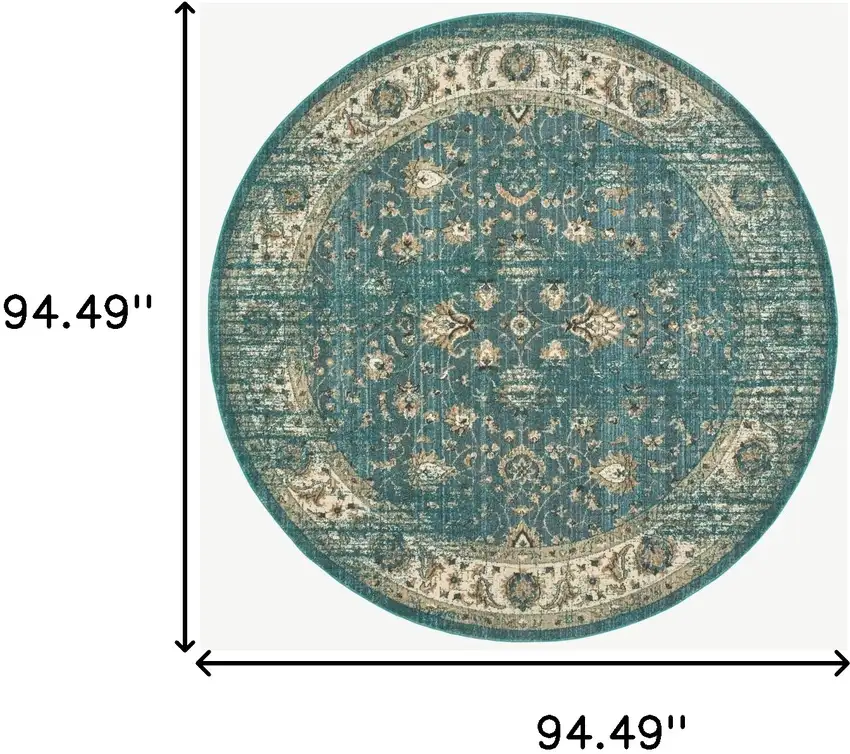 Round Peacock Blue and Ivory Indoor Area Rug Photo 5