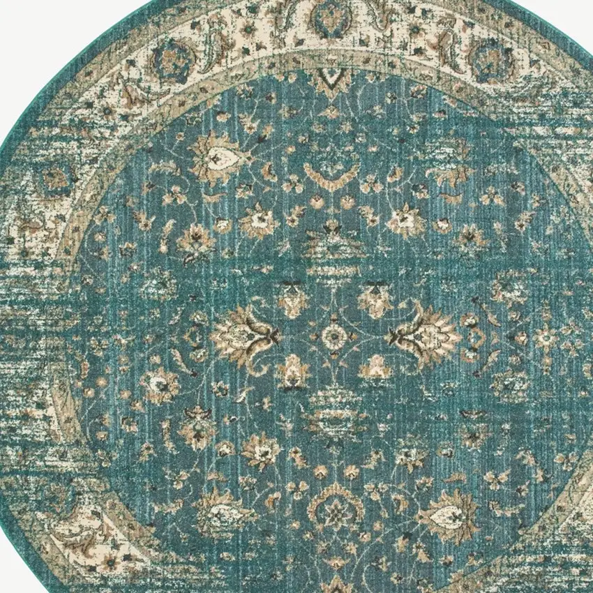 Round Peacock Blue and Ivory Indoor Area Rug Photo 3