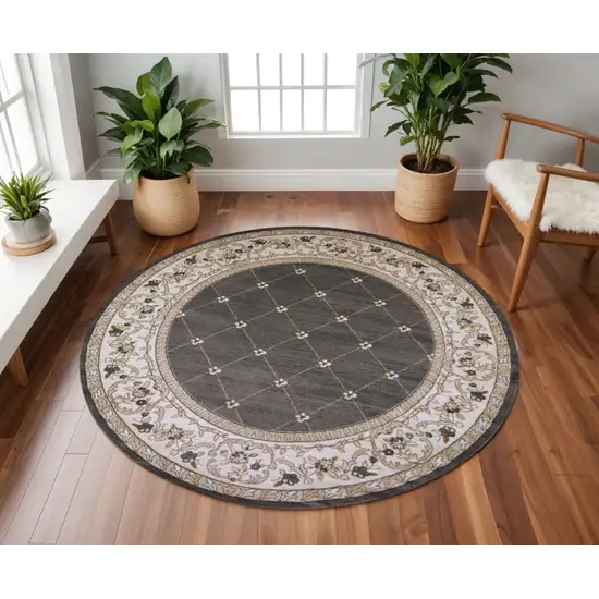 8' Gray And Ivory Floral Round Rug Photo 1