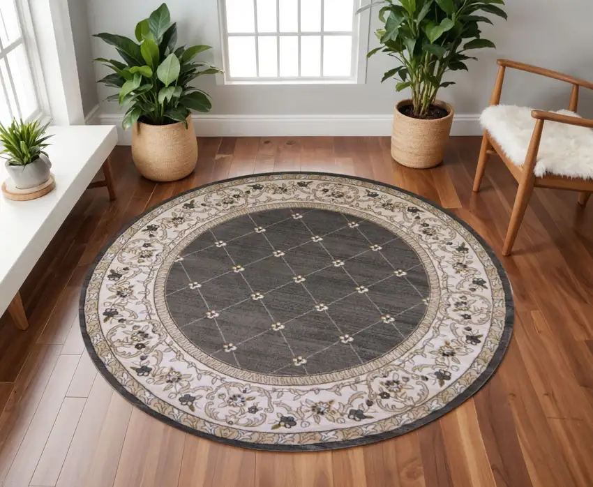 8' Gray And Ivory Floral Round Rug Photo 1