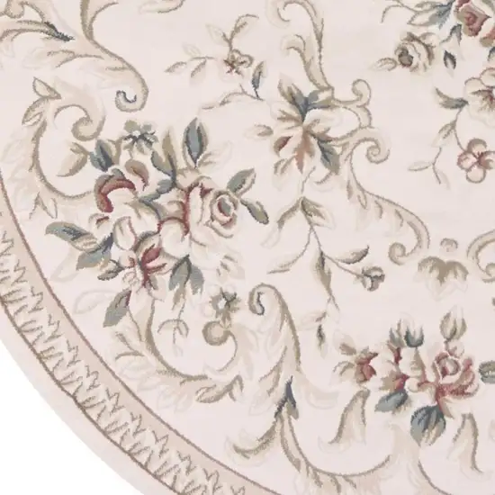8' Ivory Red And Green Floral Medallion Round Rug Photo 4