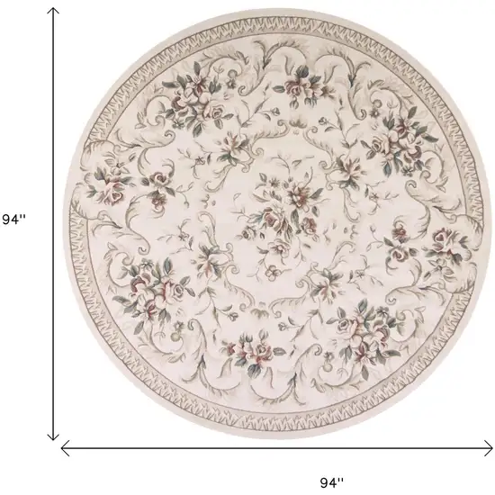 8' Ivory Red And Green Floral Medallion Round Rug Photo 3