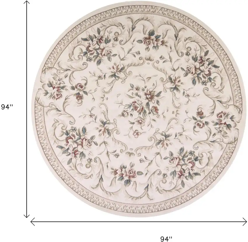 8' Ivory Red And Green Floral Medallion Round Rug Photo 3