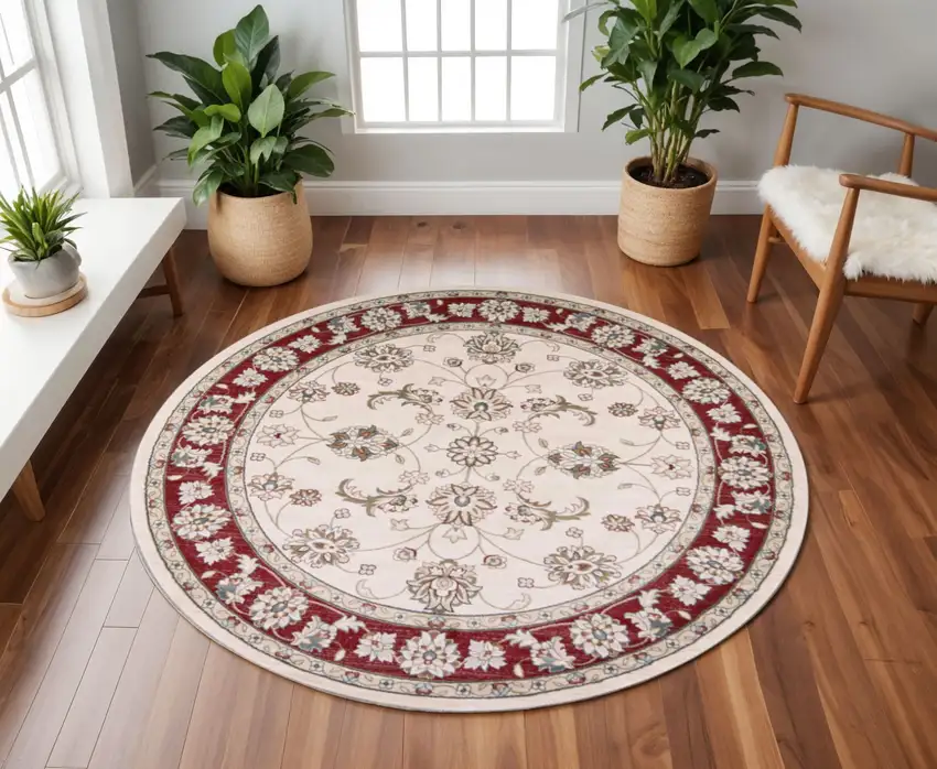 8' Ivory And Red Floral Medallion Round Rug Photo 1