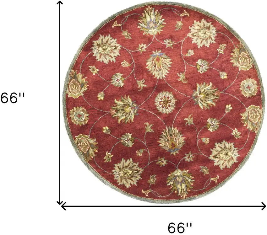 Round Red Floral Vine Wool Indoor Area Rug Photo 6
