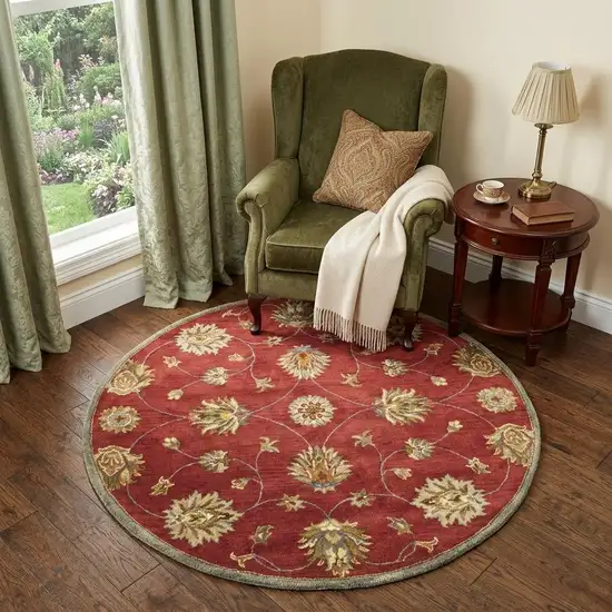 5' Sienna Gold And Green Wool Floral Vines Hand Tufted Round Rug Photo 1