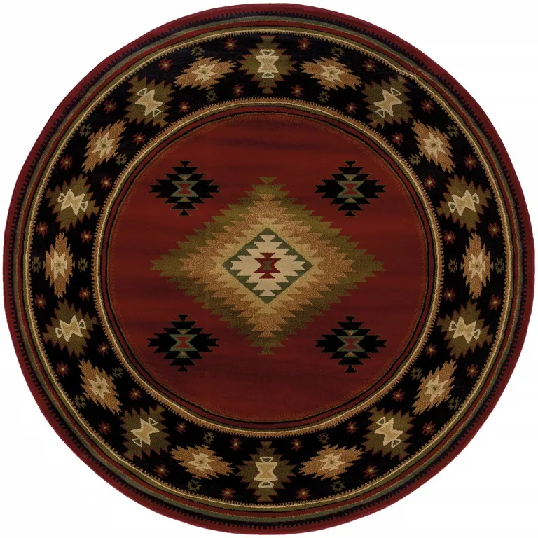 Round Red and Beige Ikat Pattern Area Rug Photo 1