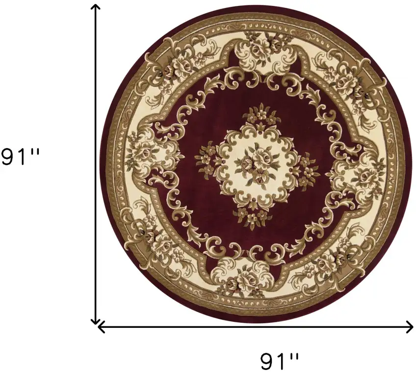 7' Red and Ivory Floral Border Round Rug Photo 3