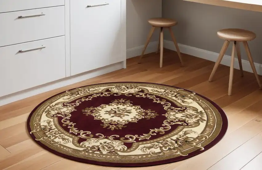 7' Red and Ivory Floral Border Round Rug Photo 1