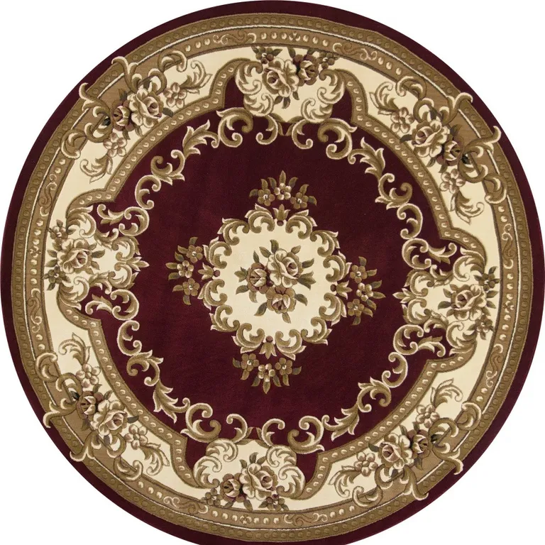 Round Red or Ivory Floral Bordered Indoor Area Rug Photo 5