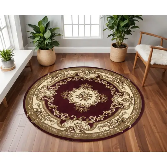 7' Red and Ivory Floral Border Round Rug Photo 1