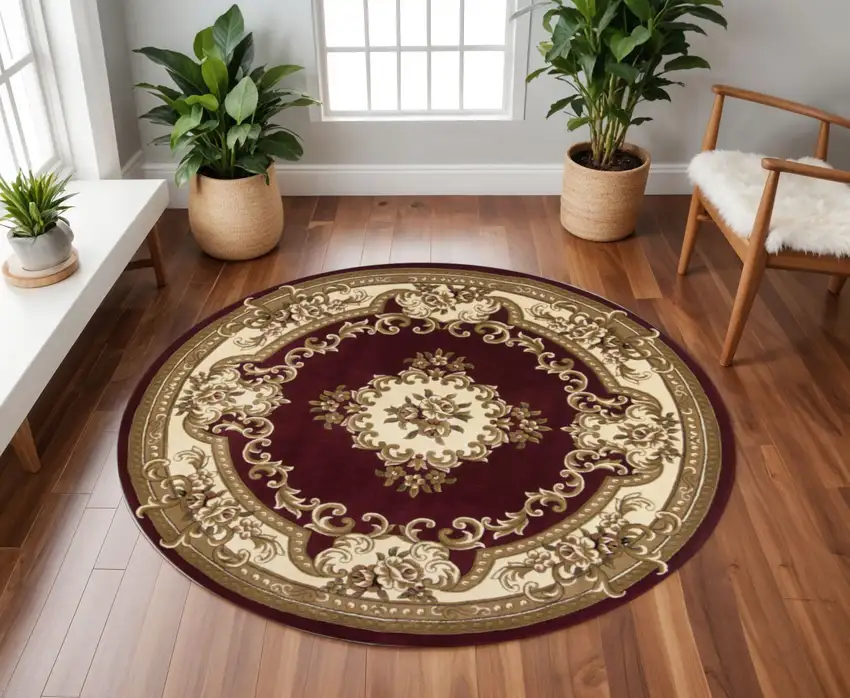7' Red and Ivory Floral Border Round Rug Photo 1
