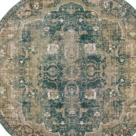 Round Sand and Blue Distressed Indoor Area Rug Photo 3