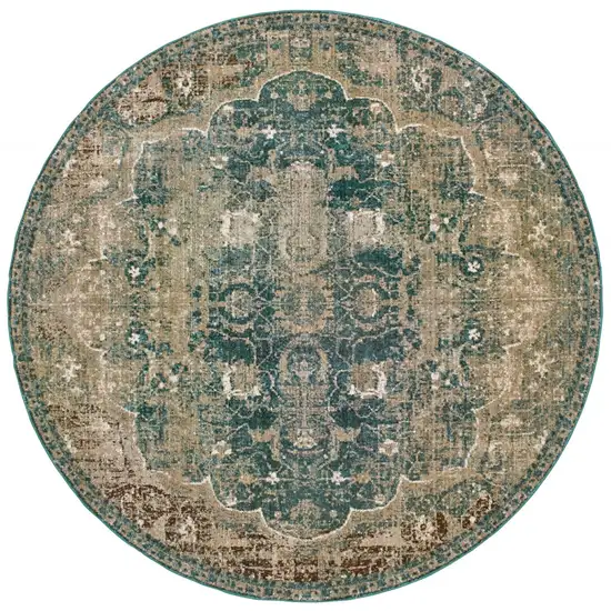 Round Sand and Blue Distressed Indoor Area Rug Photo 1