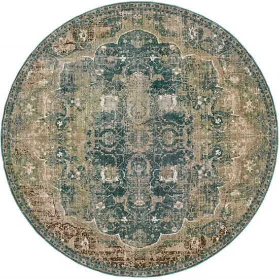 Round Sand and Blue Distressed Indoor Area Rug Photo 4