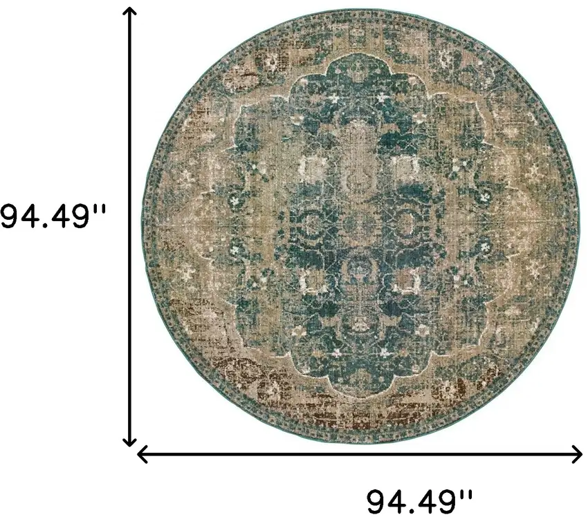 Round Sand and Blue Distressed Indoor Area Rug Photo 5