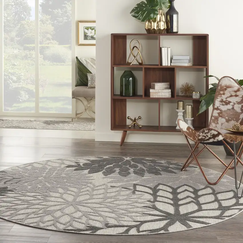 Gray Round Floral Indoor Outdoor Area Rug Photo 6