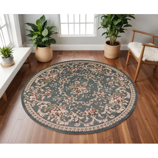 8' Slate Blue Red And Ivory Floral Medallion Round Rug Photo 1