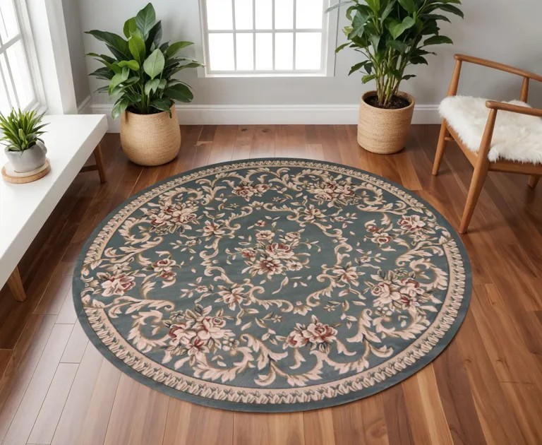 Round Slate Blue Floral Vine Bordered Indoor Area Rug Photo 5