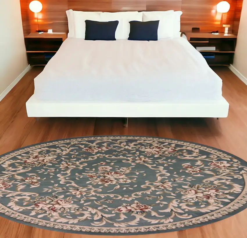 Slate Blue Floral Vine Bordered Indoor Area Rug Photo 1