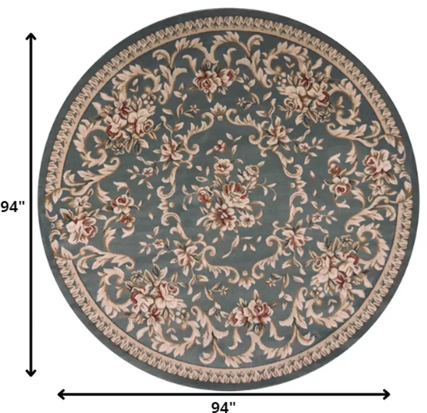 Round Slate Blue Floral Vine Bordered Indoor Area Rug Photo 2