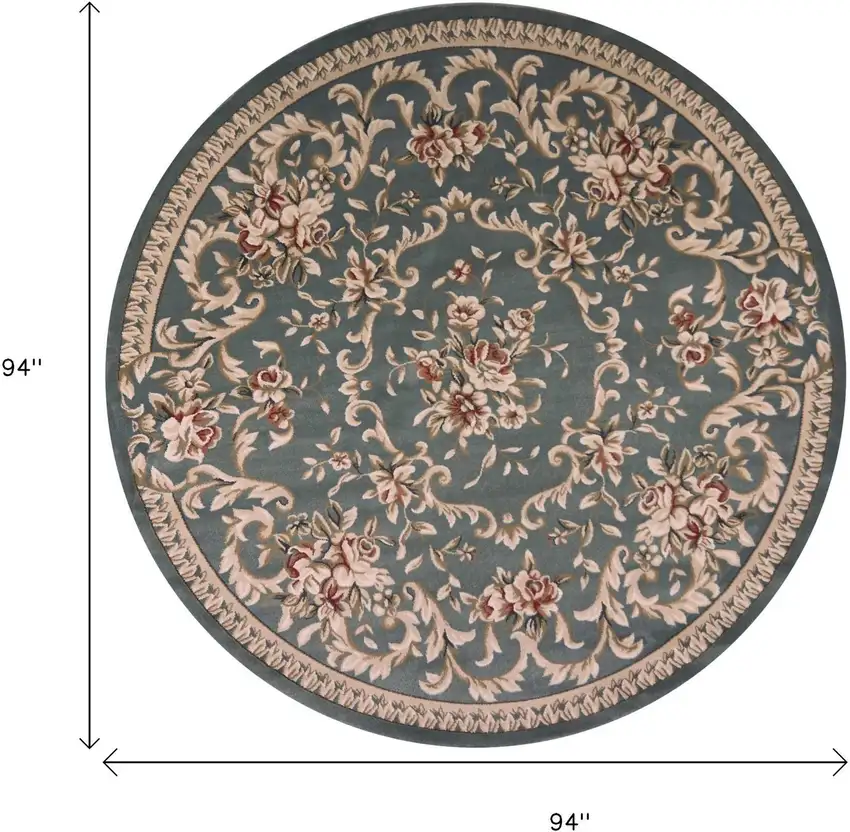 8' Slate Blue Red And Ivory Floral Medallion Round Rug Photo 3