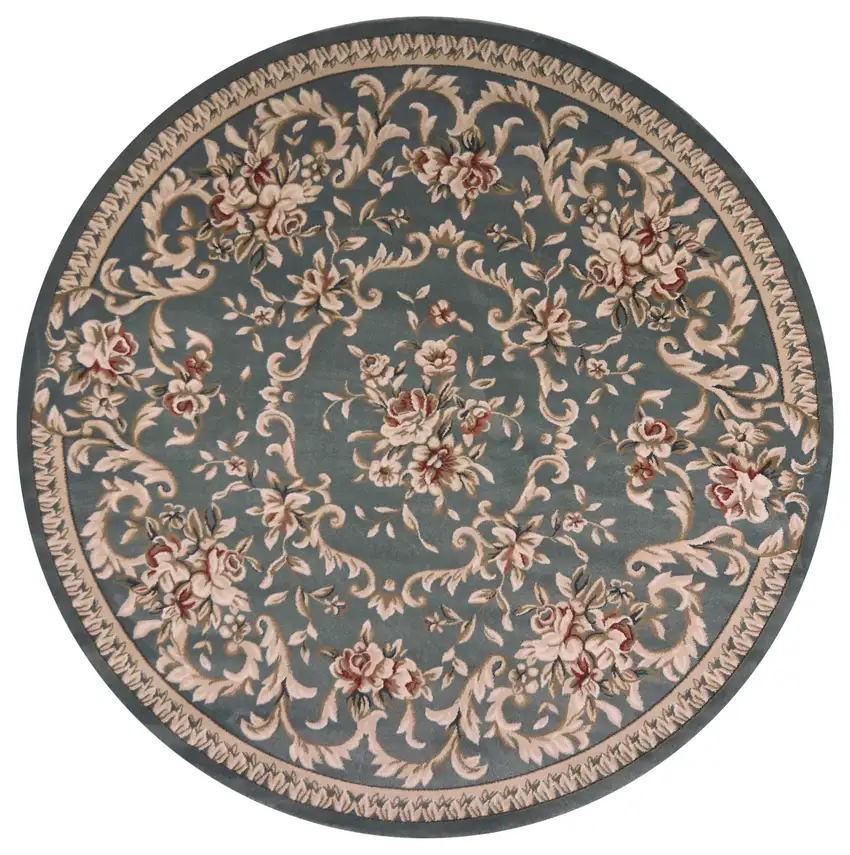 Round Slate Blue Floral Vine Bordered Indoor Area Rug Photo 3
