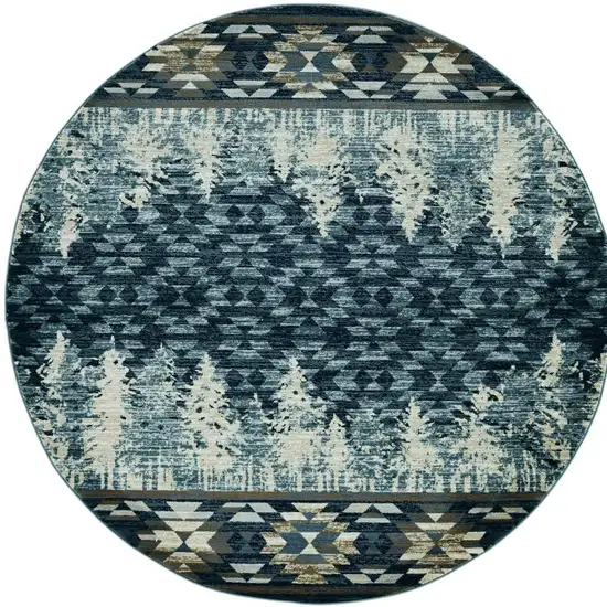 8' Slate Blue And Ivory Southwestern Round Rug Photo 5