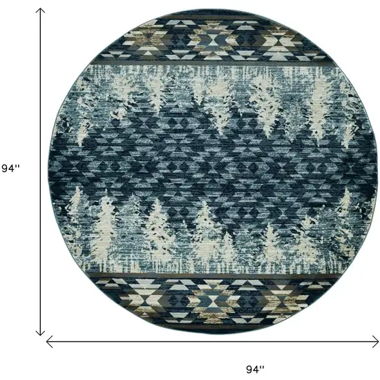 8' Slate Blue And Ivory Southwestern Round Rug Photo 3