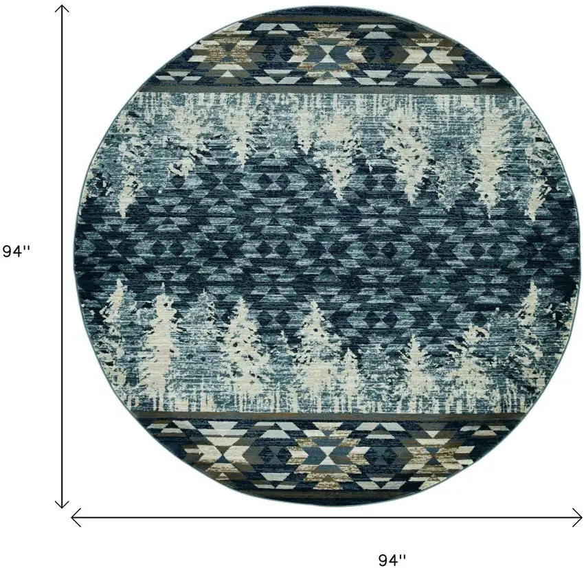 8' Slate Blue And Ivory Southwestern Round Rug Photo 3