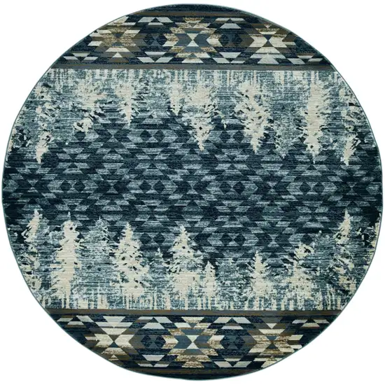 8' Slate Blue And Ivory Southwestern Round Rug Photo 2