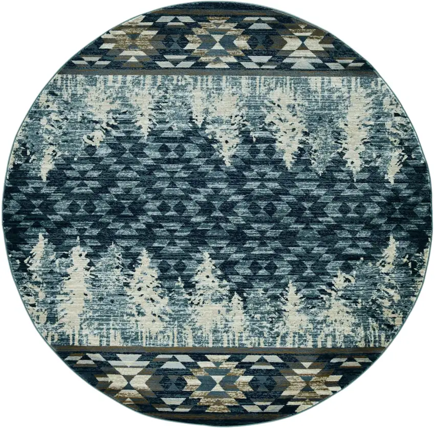 8' Slate Blue And Ivory Southwestern Round Rug Photo 2