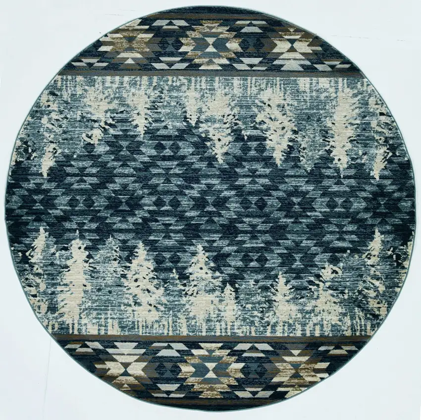 8' Slate Blue And Ivory Southwestern Round Rug Photo 6