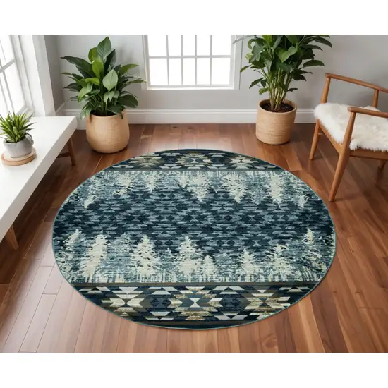 8' Slate Blue And Ivory Southwestern Round Rug Photo 1