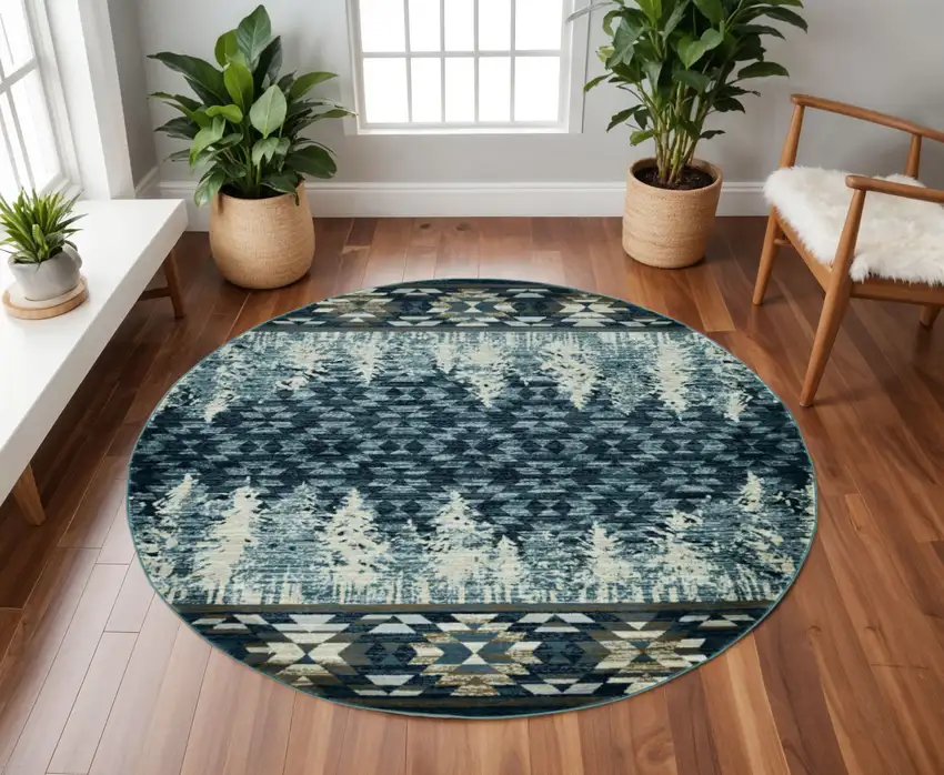 8' Slate Blue And Ivory Southwestern Round Rug Photo 1