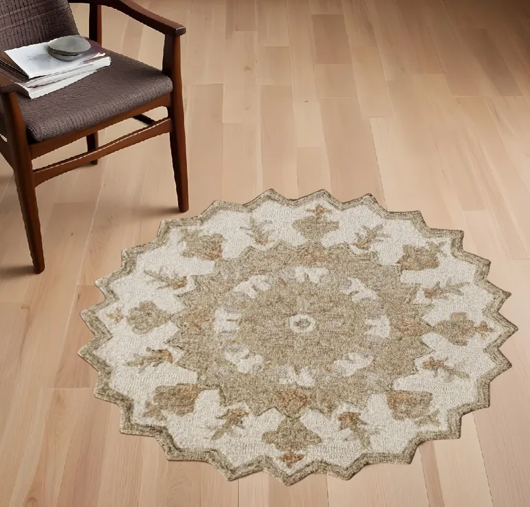 Round Tan Retro Modern Medallion Area Rug Photo 1