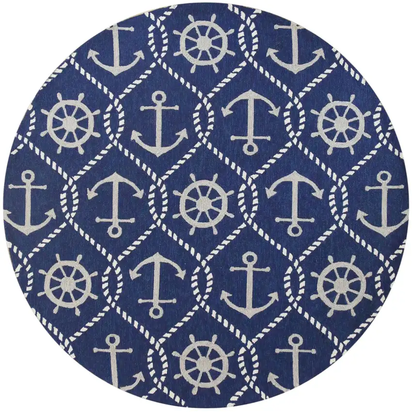 7' Navy Blue Round Nautical Handmade Indoor Outdoor Area Rug Photo 2