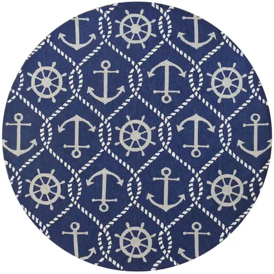 7' Navy Blue Round Nautical Handmade Indoor Outdoor Area Rug Photo 2