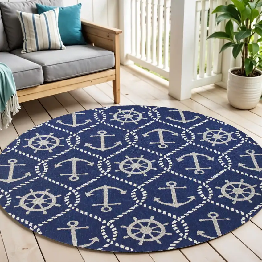 7' Navy Blue Round Nautical Handmade Indoor Outdoor Area Rug Photo 1