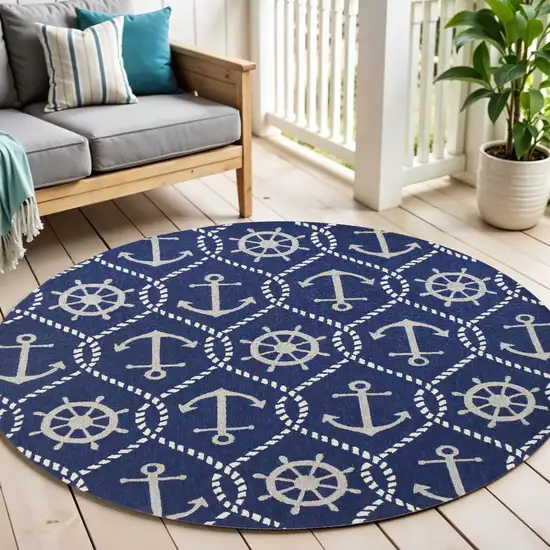 7' Navy Blue Round Nautical Handmade Indoor Outdoor Area Rug Photo 1