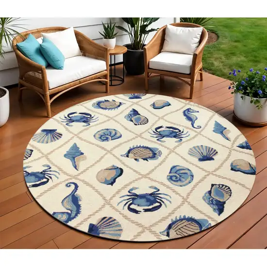 8' Beige Blue And Sand Round Seashell Handmade Indoor Outdoor Area Rug Photo 1