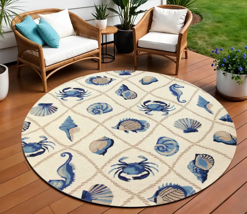 8' Beige Blue And Sand Round Seashell Handmade Indoor Outdoor Area Rug Photo 1