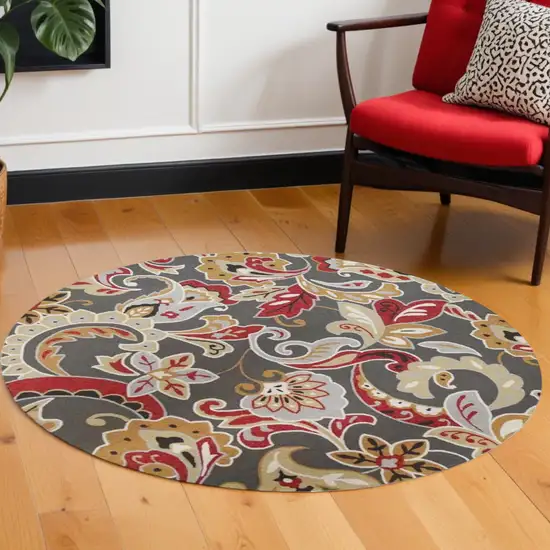7' Taupe Red And Gray Floral Hand Tufted Round Rug With UV Protection Photo 1