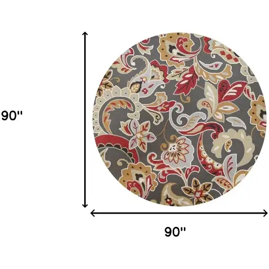 7' Taupe Red And Gray Floral Hand Tufted Round Rug With UV Protection Photo 3
