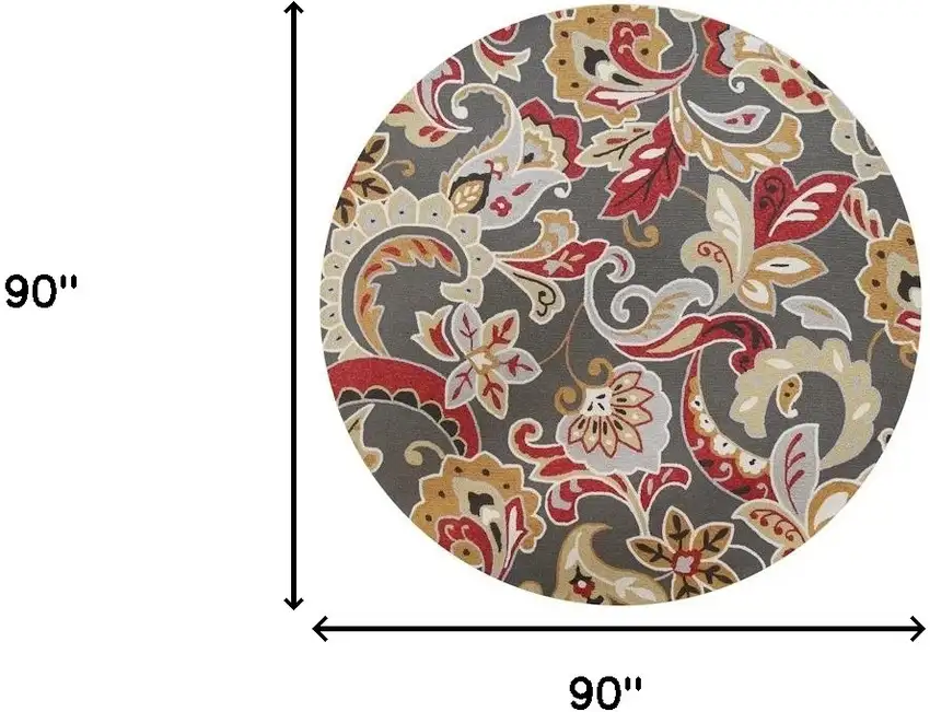 7' Taupe Red And Gray Floral Hand Tufted Round Rug With UV Protection Photo 3