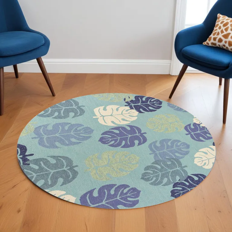 Round UV treated Polypropylene Turquoise Area Rug Photo 5