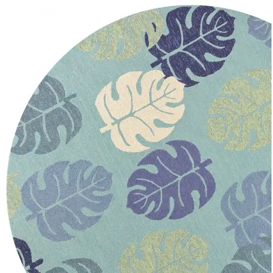 7' Turquoise And Ivory Botanical Leaves Hand Tufted Round Rug Photo 4