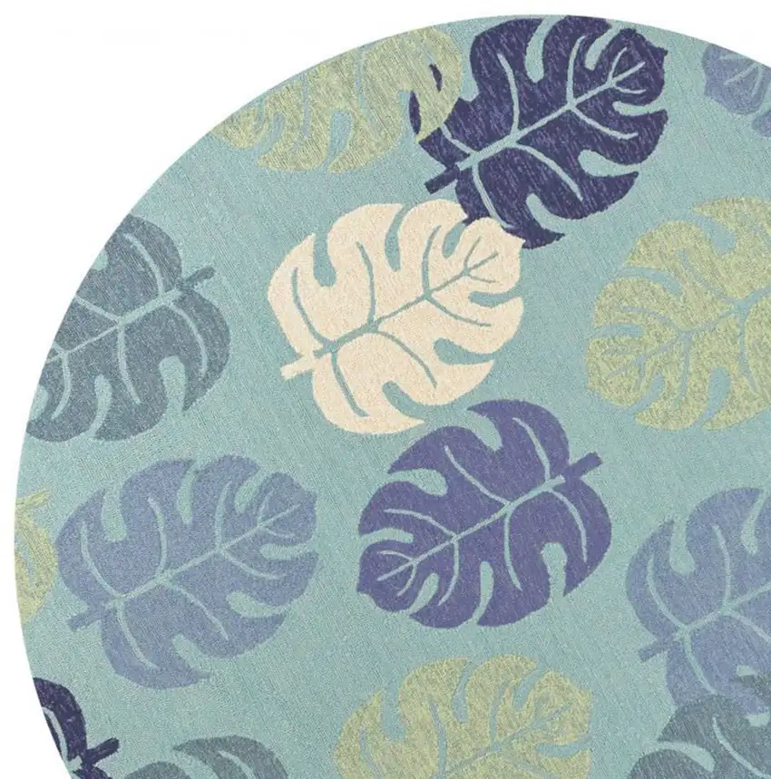 7' Turquoise And Ivory Botanical Leaves Hand Tufted Round Rug Photo 4