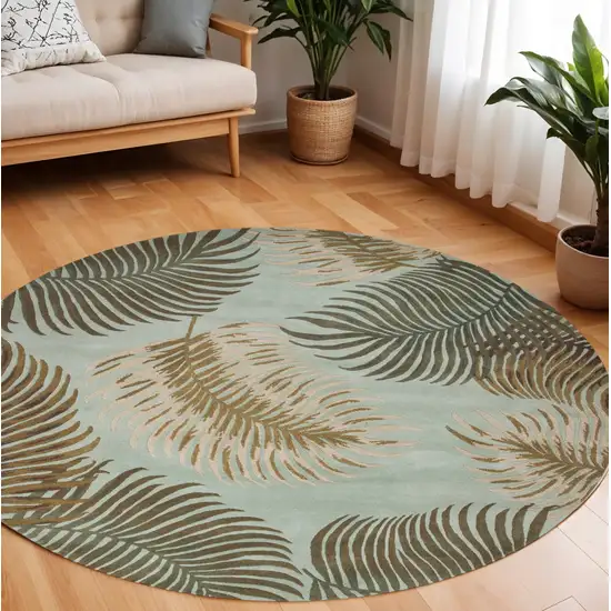 7' Aqua And Brown Wool Botanical Leaves Hand Tufted Round Rug Photo 1