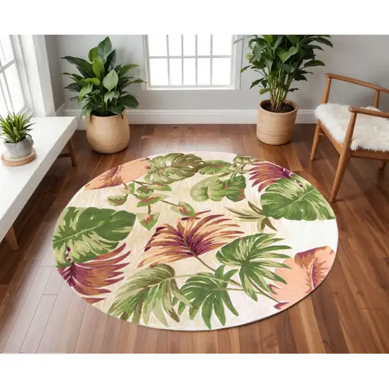 7' Beige Green And Pink Wool Botanical Leaves Hand Tufted Round Rug Photo 1